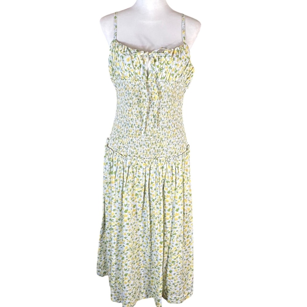 Free People Lavender Daze Midi Dress Women's L Yellow Floral Smocked Tie Front‎